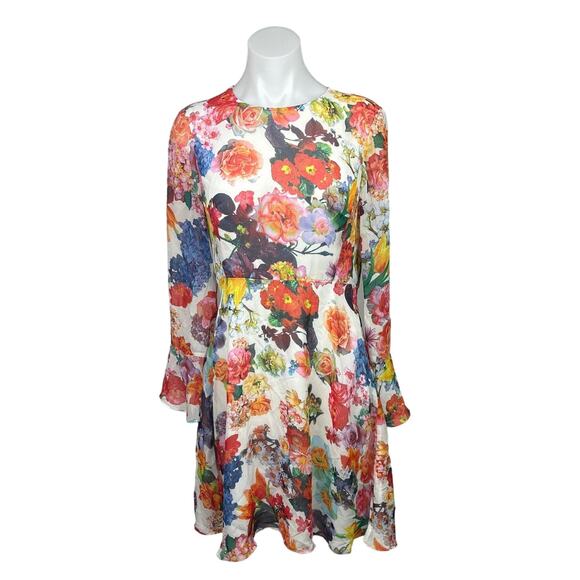 Betsey Johnson Multicolor Floral Print Bell Sleeve Sheath Midi Dress Size 4 - Picture 1 of 12